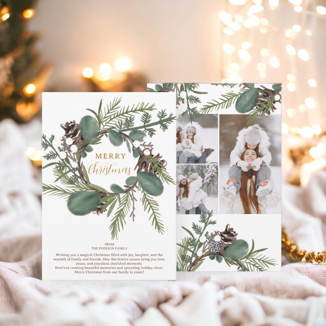 Moderner, feiner grüner Kranz 3 Fotos Weihnachten (Modern Bold green wreath 3 photos Christmas Holiday Card)