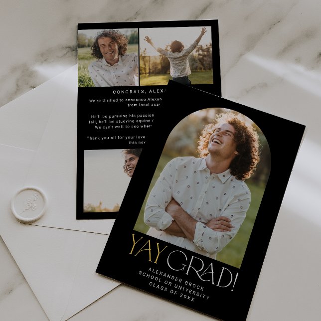 Moderner Fete Black Gold Yay Grad Foto Abschluss Ankündigung (Von Creator hochgeladen)