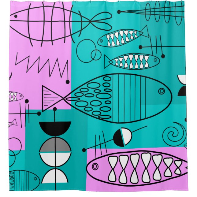 Moderner Fisch Mittelalter Art Pink Blau Duschvorhang (Vorderseite)