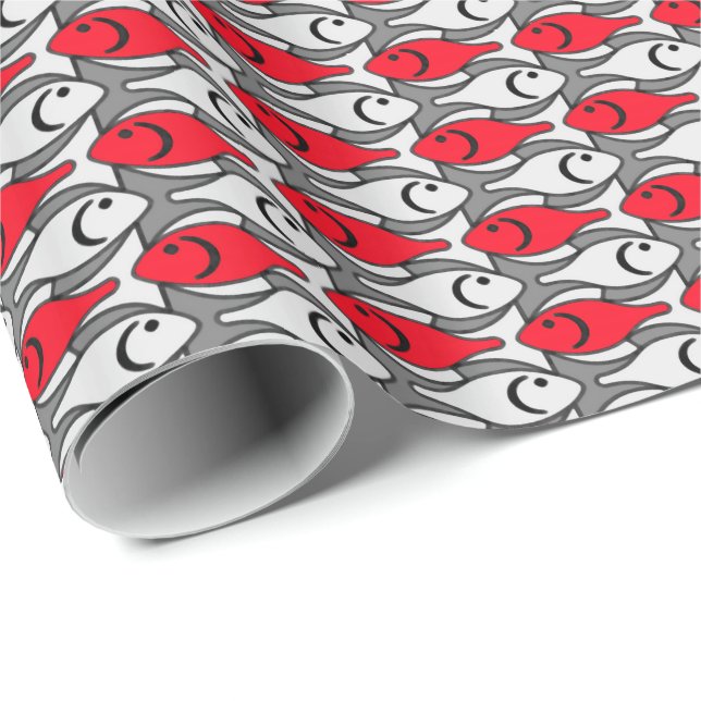 Moderner Fisch, rot und grau / grau Geschenkpapier (Rolleneckpunkt)