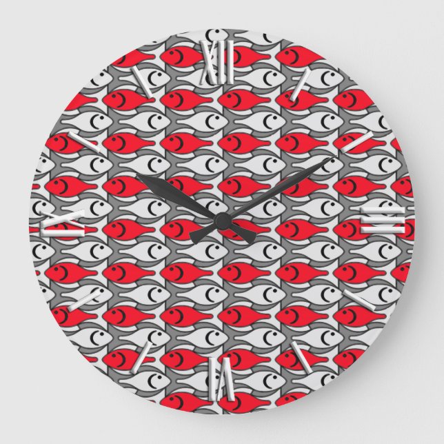 Moderner Fisch, rot und grau / grau Große Wanduhr (Vorderseite)