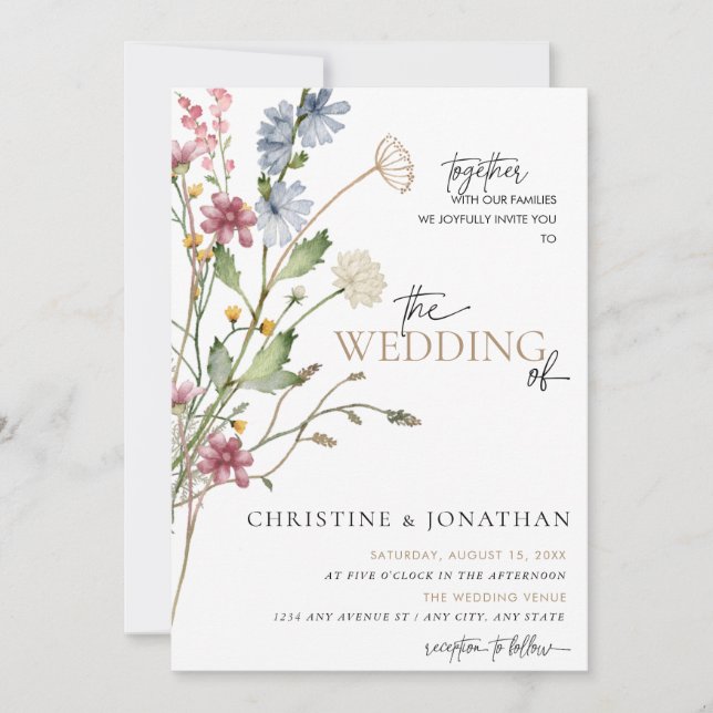 Moderner floraler Boho | Hochzeit von Wildblumen Einladung (Vorderseite)