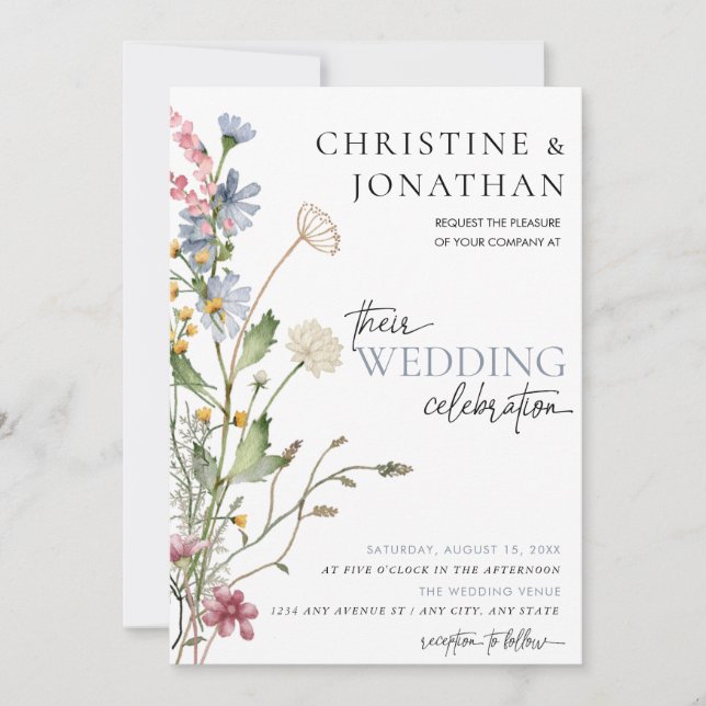 Moderner floraler Boho | Hochzeit von Wildblumen Einladung (Vorderseite)