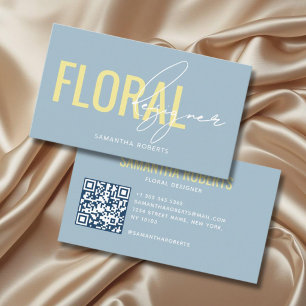 Moderner floraler Designer QR-Code blau gelb Visitenkarte