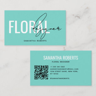 Moderner floraler Designer QR-Code teal Visitenkarte