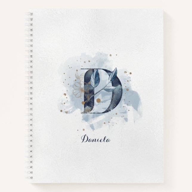 Moderner floraler Monogram Letter D Blue Gold Notizbuch (Vorderseite)
