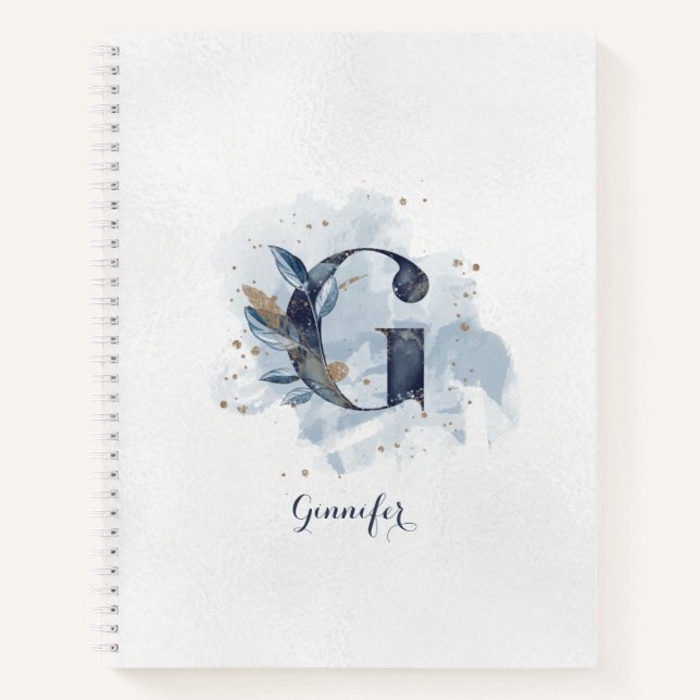 Moderner floraler Monogram Letter G Blue Gold Notizbuch (Vorderseite)