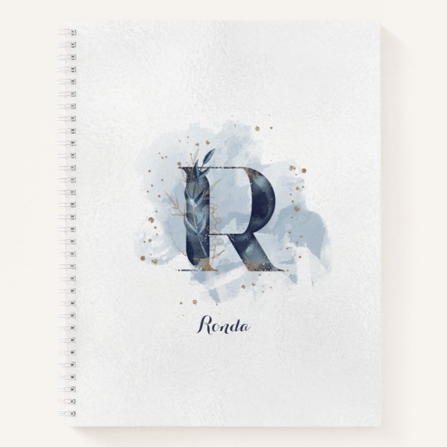 Moderner floraler Monogram Letter R Blue Gold Notizbuch (Vorderseite)