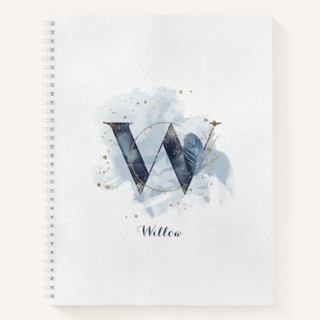 Moderner floraler Monogram Letter W Blue Gold Notizbuch (Vorderseite)
