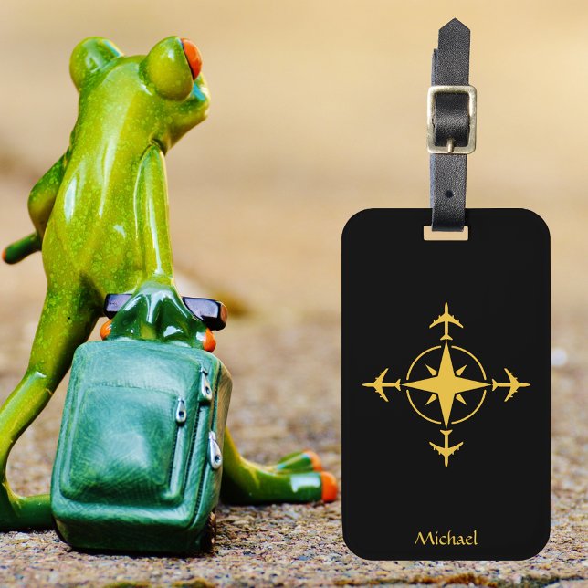 Moderner Flugkompass und Flugzeug, schwarz, kunden Gepäckanhänger (Von Creator hochgeladen)