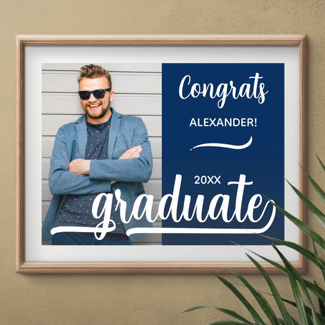Moderner Foto Abschluss Blau Poster (Congrats Graduate blue poster with your photo, INSTANT DOWNLOAD and/or PRINTED)