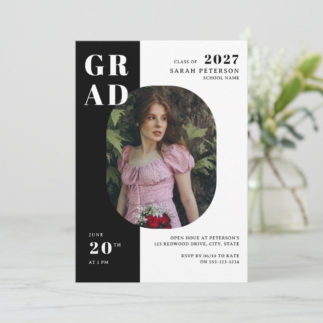 Moderner Foto-Abschluss für Schwarz/Weiß Einladung (Stehend Vorderseite)