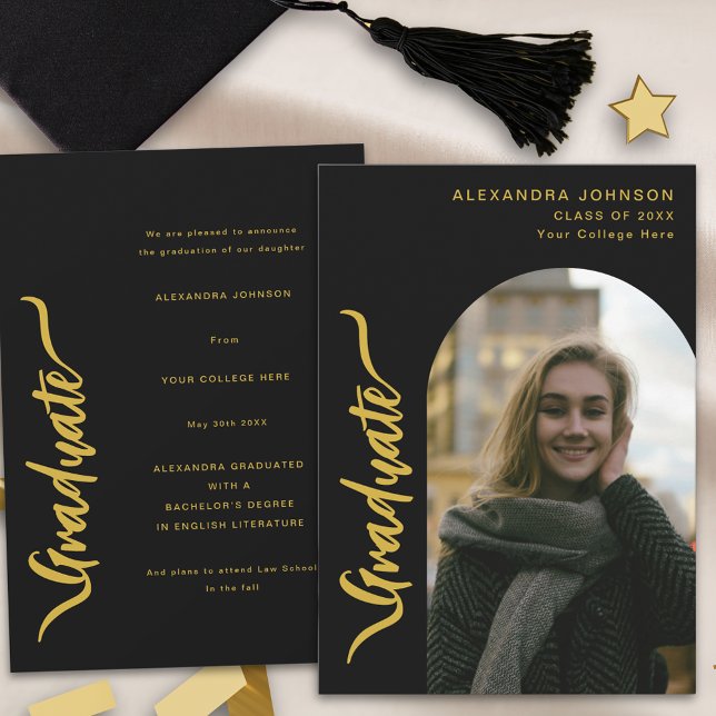 Moderner Foto Arch Abschluss Ankündigung (Modern graduate photo arch gold script stylish black Graduation announcement card)