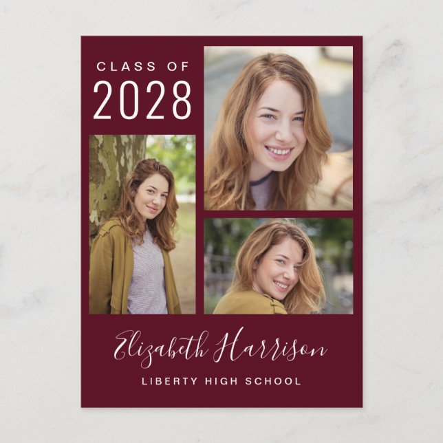 Moderner Foto Collage Burgundy Abschluss Ankündigungspostkarte (Vorderseite)