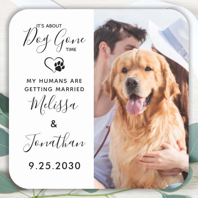 Moderner Foto Funny Pet Wedding Hund Save the Date Quadratischer Aufkleber (Von Creator hochgeladen)