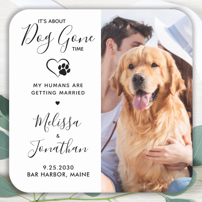 Moderner Foto Funny Pet Wedding Hund Save the Date Rechteckiger Pappuntersetzer (Von Creator hochgeladen)