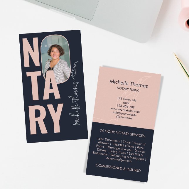 Moderner Foto Navy Pink Notary Loan Signing Agent Visitenkarte (modern typography blush pink navy)