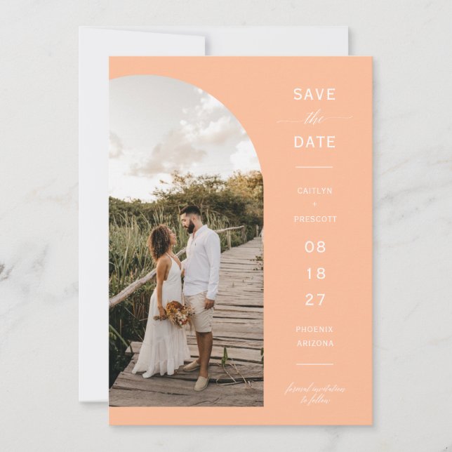 Moderner Foto QR-Code für Peach Arch Save the Date Einladung (Vorderseite)