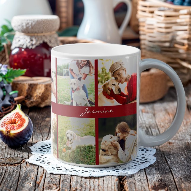 Moderner Fotocollage Dog Burgundy Kaffeetasse (Celebrate your furbaby with this photo collage mug.)