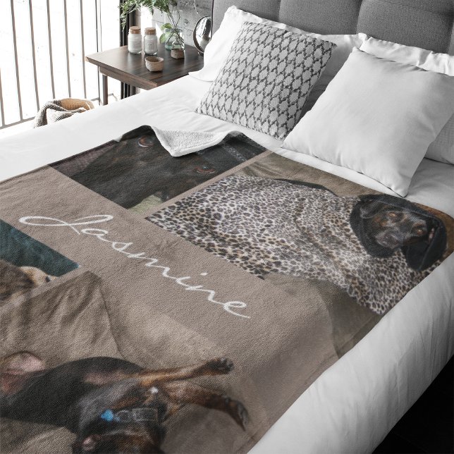 Moderner Fotomaterial Dog Taupe Fleecedecke (Capture precious pet moments with our Modern Pet Photo Collage Fleece Blanket. )