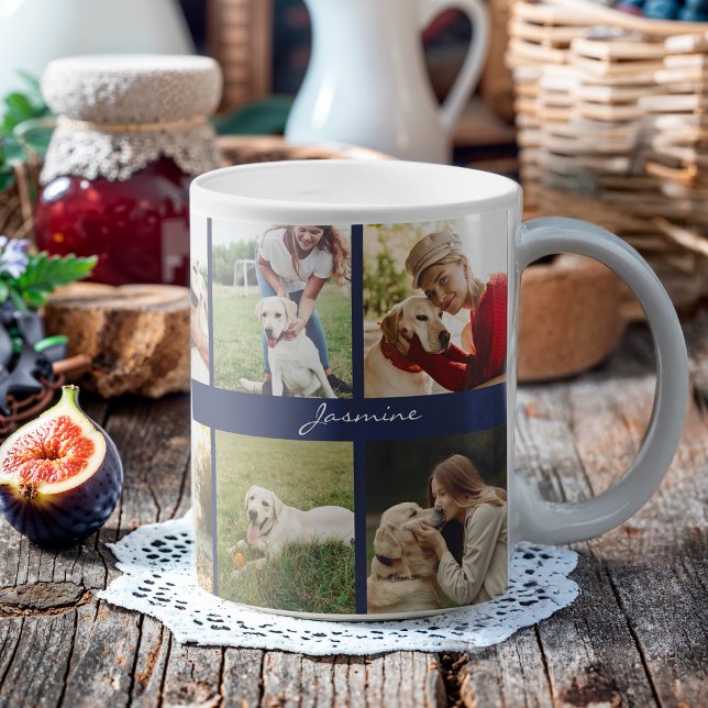 Moderner Fotomaterial Hund Navy Blue Kaffeetasse (Celebrate your furbaby with this photo collage mug.)