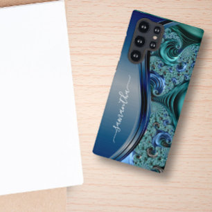 Moderner Fraktaler Blauer Handschriftname Samsung Galaxy Hülle