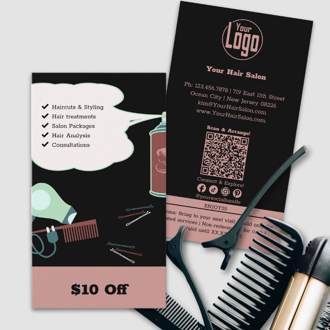 Moderner Friseur $10 Ermäßigungskarte Rabattkarte (Modern Hairdresser $10 Off Discount Card, Pink Black, Logo, QR code, Social, Tracking, Service List)