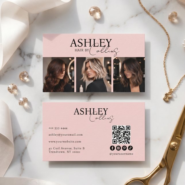 Moderner Friseur-Blush-Pink-Photo-QR-Code Visitenkarte (Von Creator hochgeladen)