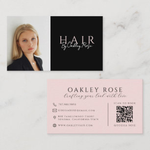 Moderner Friseur-Foto Schwarz und Rosé QR-Code Visitenkarte