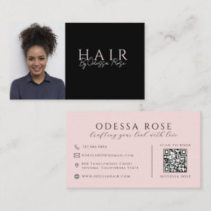 Moderner Friseur-Foto Schwarz und Rosé QR-Code Visitenkarte