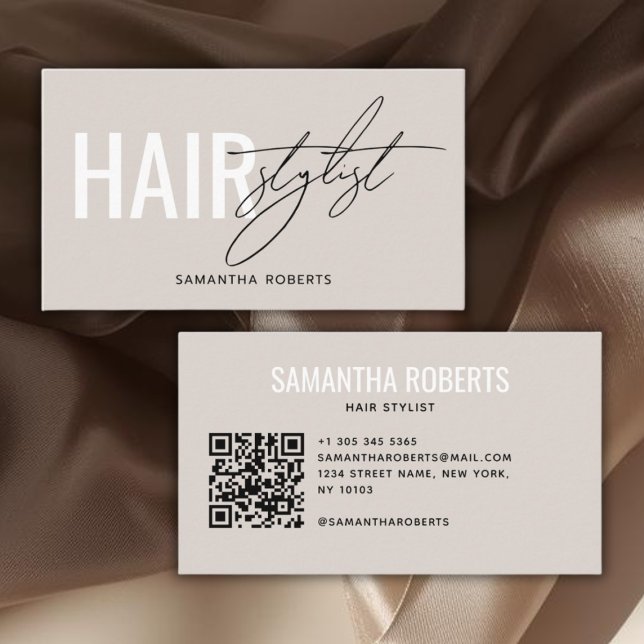 Moderner Friseur QR-Code beige Visitenkarte (Von Creator hochgeladen)