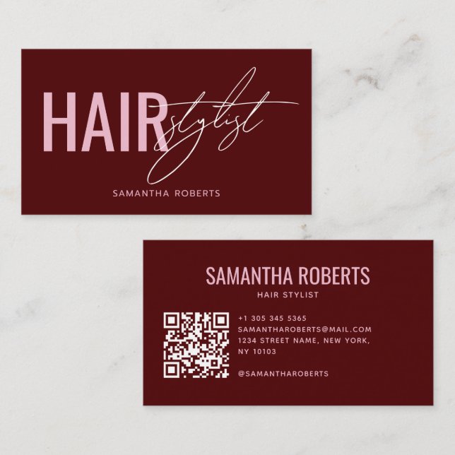 Moderner Friseur QR-Code rot Visitenkarte (Vorne/Hinten)