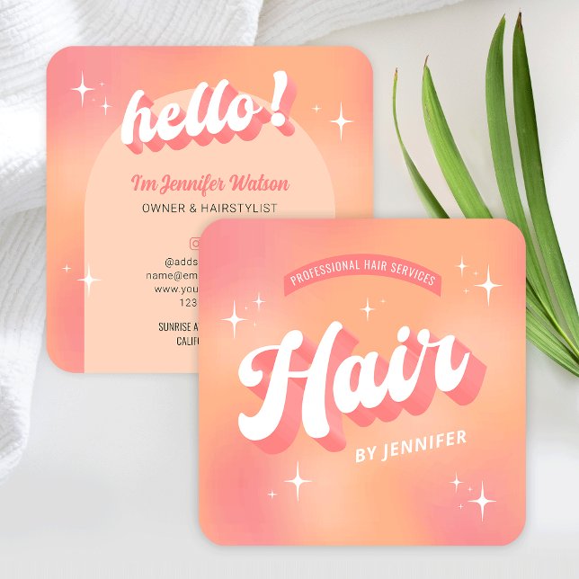 Moderner Friseur Salon Groovy Trendy Peach Hair Quadratische Visitenkarte (Hair salon business cards with trendy retro fonts, groovy style and girly peach color scheme)