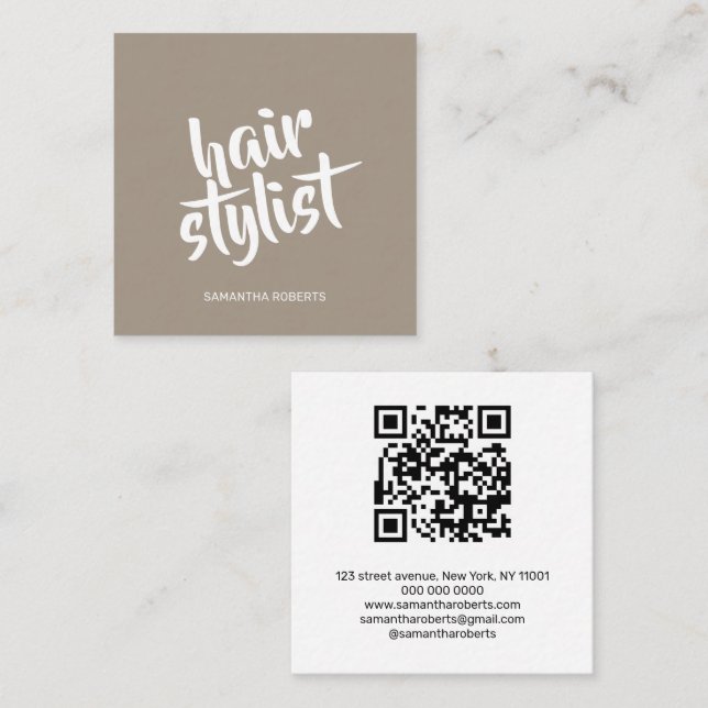 Moderner Friseur-Script hellbrauner QR-Code Quadratische Visitenkarte (Vorne/Hinten)