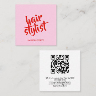 Moderner Friseur-Script pink roter QR-Code  Quadratische Visitenkarte