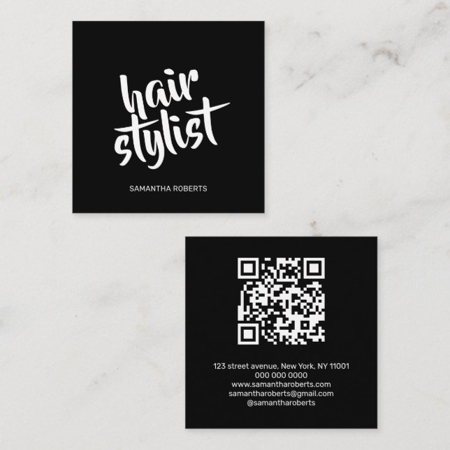 Moderner Friseur-Script Schwarz QR-Code Quadratische Visitenkarte (Vorne/Hinten)