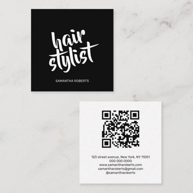 Moderner Friseur-Script Schwarz-Weiß-QR-Code  Quadratische Visitenkarte (Vorne/Hinten)
