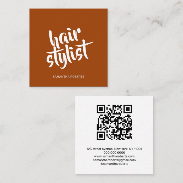 Moderner Friseur-Script Terrakotta-QR-Code  Quadratische Visitenkarte (Vorne/Hinten)