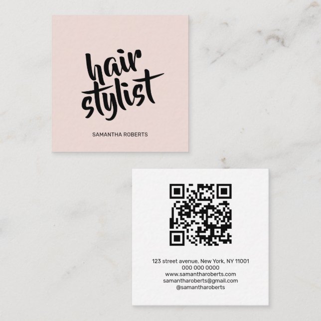 Moderner Friseur-Skript Blush-Pink QR-Code Quadratische Visitenkarte (Vorne/Hinten)