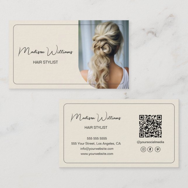 Moderner Friseursalon-Foto-QR-Code-Cream Visitenkarte (Vorne/Hinten)