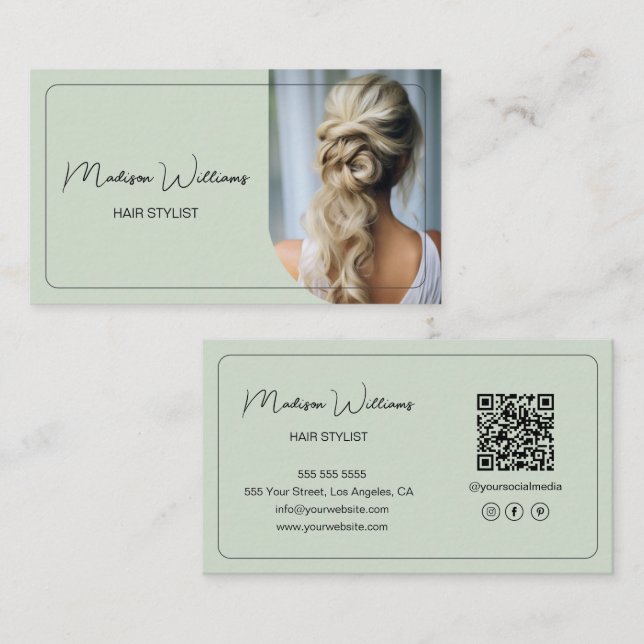 Moderner Friseursalon-Foto-QR-Code Sage Green Visitenkarte (Vorne/Hinten)