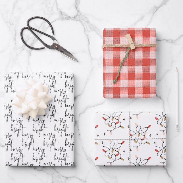 Moderner, fröhlicher und heller Weihnachtsanfang Geschenkpapier Set (Vorderseite)