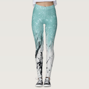 Moderner Funkelnd Aqua Weißer Marmor Glitzer Gradi Leggings