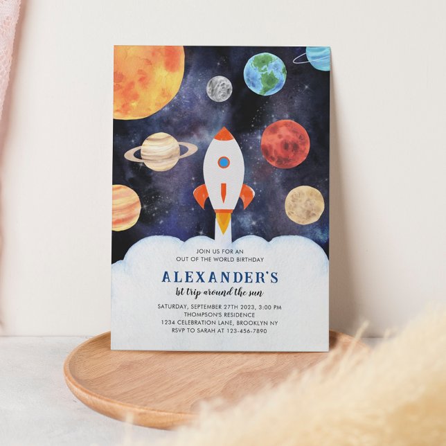 Moderner Galaxy Planets Space Rocket Kindergeburts Einladung (Von Creator hochgeladen)
