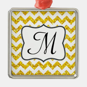 Moderner gelber Glitter-Monogramm-Ornament Silbernes Ornament