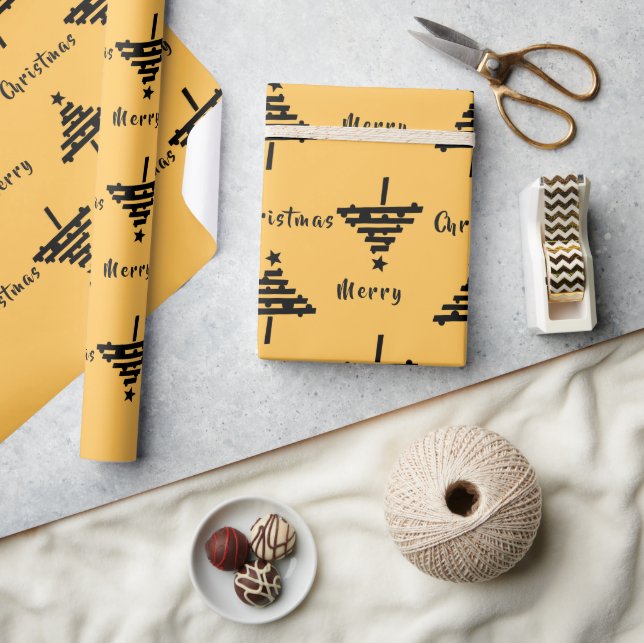 Moderner, gelber Schwarzer Weihnachtsbaum-Pattern  Geschenkpapier (Kunsthandwerk)