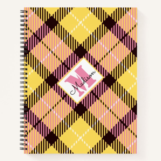 Moderner Gelbpink Kariert Tartan Personalisierter  Notizbuch (Vorderseite)