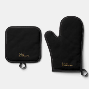 Moderner Gesamter Name Schwarz/Gold-Script Ofenhandschuh & Topflappen-Set