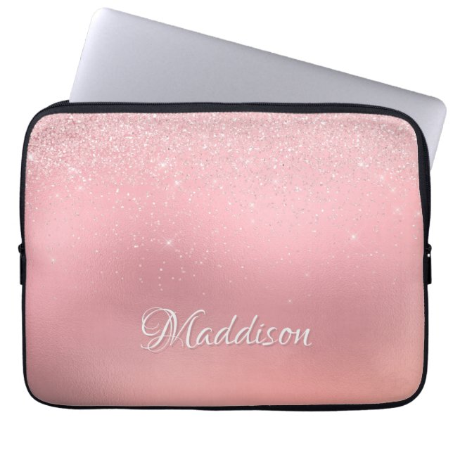 Moderner Girl Blush Pink Silver Glitzer Laptopschutzhülle (Vorderseite)