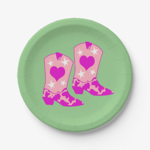 Moderner Girly Pink Cowgirl Western Boots Green Pappteller